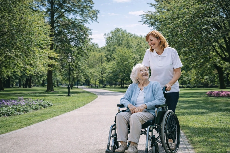 Uśmiechnięta opiekunka mcare.pl (MEDICARE) w białej koszulce pcha seniorkę w wózku inwalidzkim po słonecznej ścieżce w parku w Niemczech. Wybierz Oferty pracy dla Opiekunek, gdzie czeka na Ciebie sprawdzona praca dla opiekunki w Niemczech.
